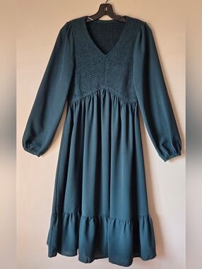 Emerald Teal Smocked Bodice Midi Dress